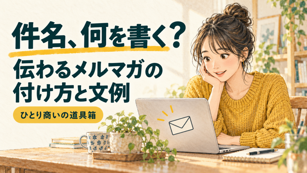 メールの件名を考えながらパソコンを見る女性のイラスト