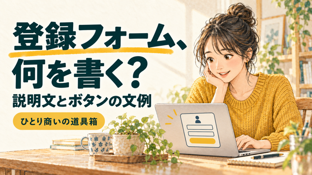 メルマガ登録フォームの説明文を考える女性のイラスト