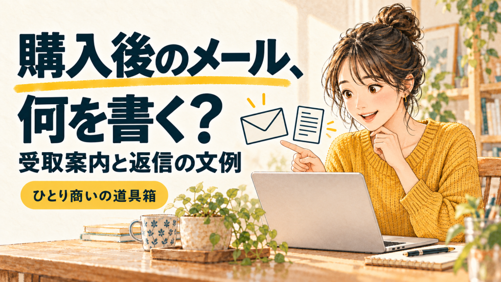 購入後のメールと受取案内を考える女性のイラスト
