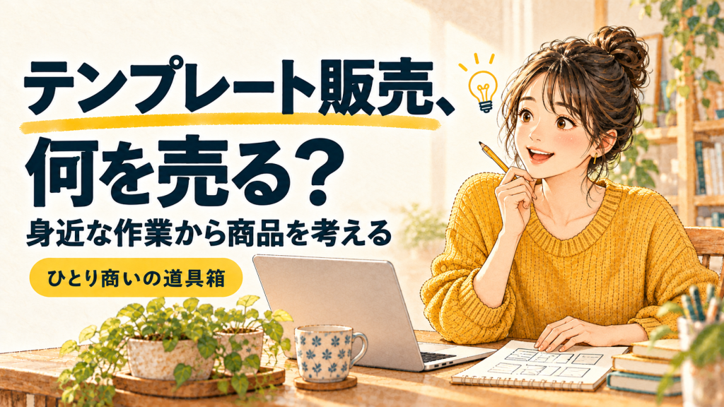 身近な作業からテンプレートの商品案を思いつく女性のイラスト