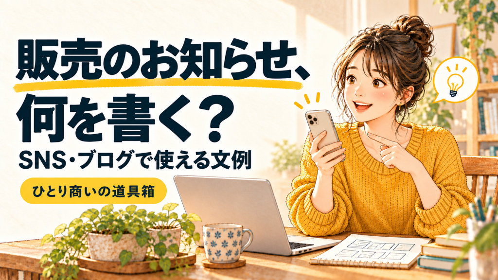 スマートフォンで商品の販売告知を考える女性のイラスト
