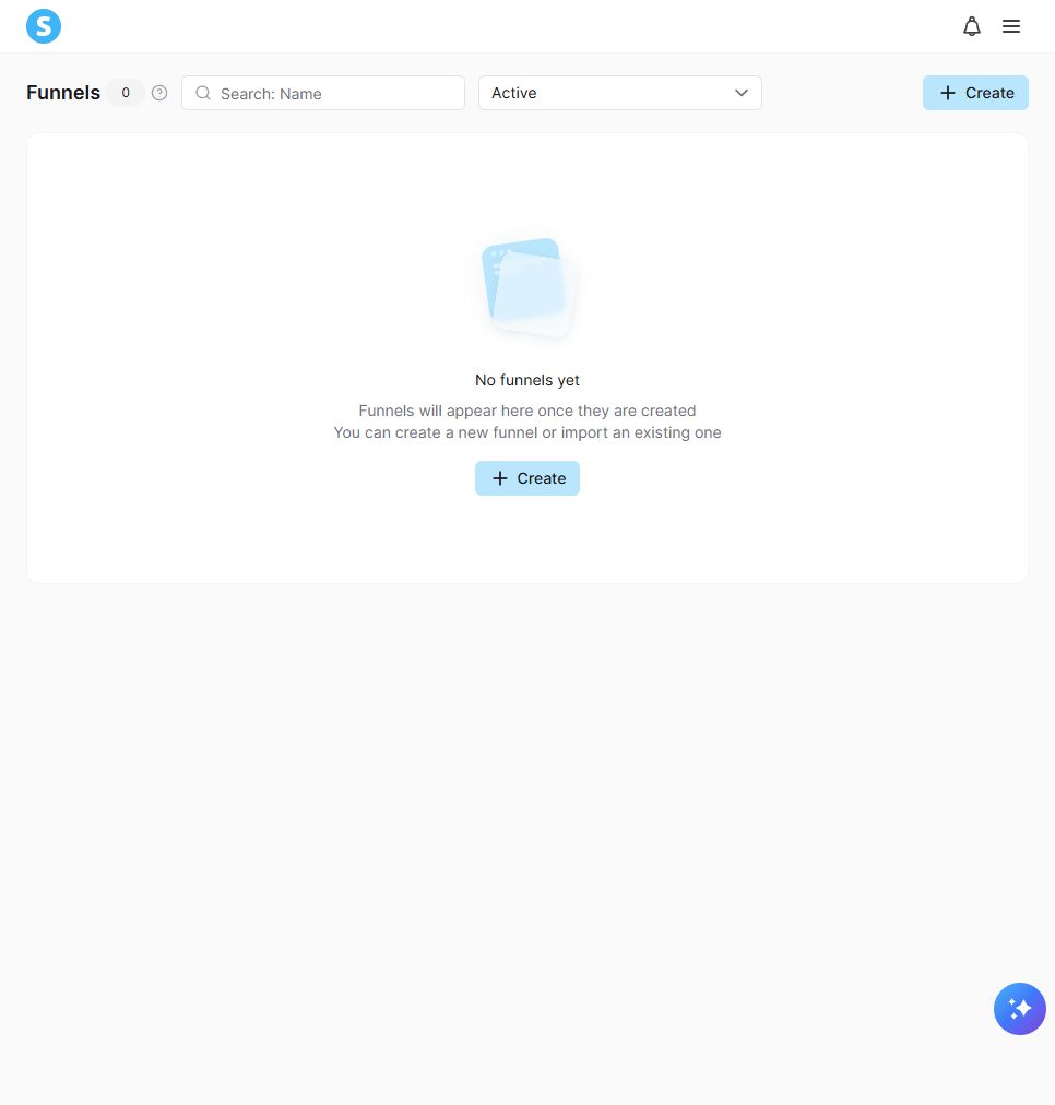 販売ファネルの一覧。右上または中央のCreateから作成を始める